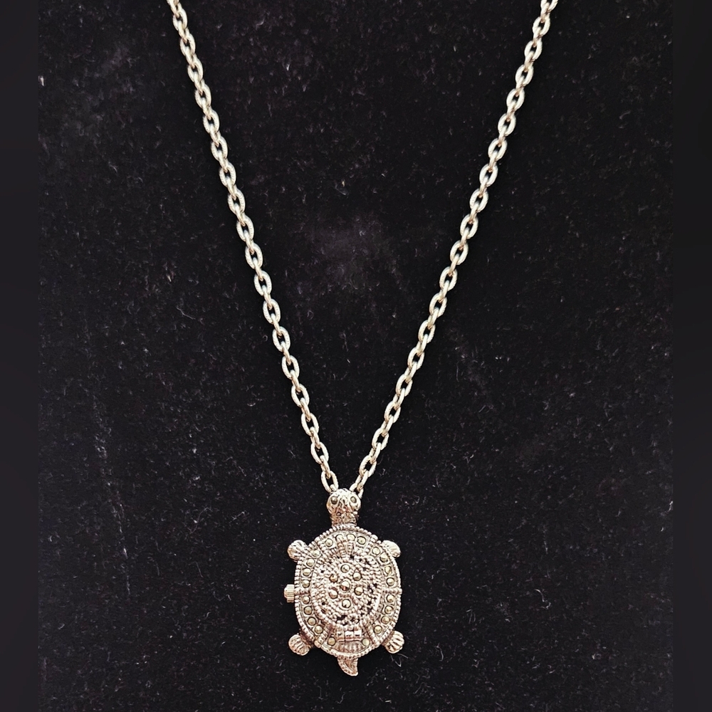 Signed Lee Sand Marcasite and Silvertone Turtle Watch Necklace.